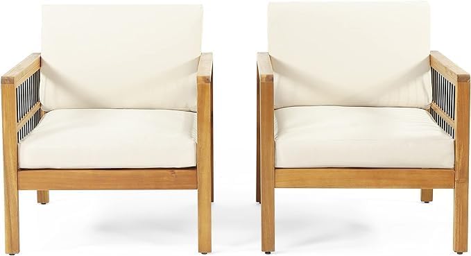 Merax Outdoor Patio Club Chairs,Set of 2,Acacia Wood Frame Conversation Set with Wicker for Porch Backyard,Classic Style