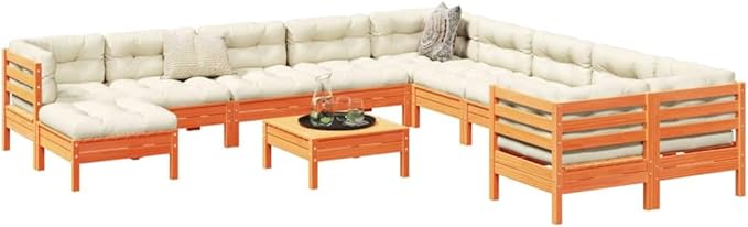 12 Piece Patio Sofa Set with Cushions, Porch Furniture Set Garden Lounge Set Outdoor Sofa Sets Patio Conversation Set for Exhibition Piazza Poolside Wax Brown Solid Wood Pine