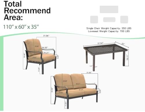 Outdoor 4 pcs Patio Conversation Set, Metal Dining Table and Chairs Dining Set with Removable Beige Cushions for Garden Lawn Yard