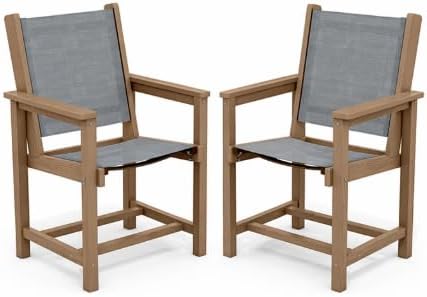 SERWALL Outdoor Dining Chairs Set of 2, All-Weather HDPE Textilene Sling Dining Chair for Backyard, Garden, Brown