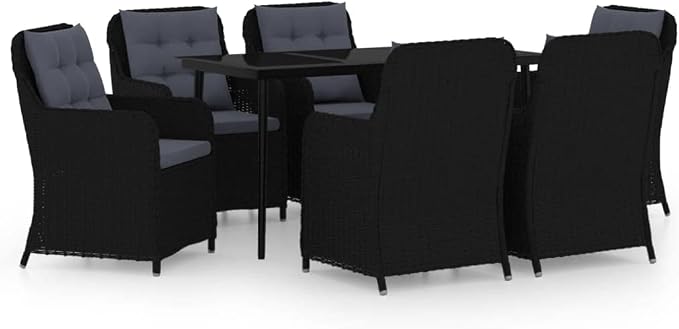 7 Piece Patio Dining Set Black Outdoor Dining Table with 6 Chairs PE Rattan Steel Frame Weatherproof Glass Top for Garden Backyard Lawn Deck Entertaining