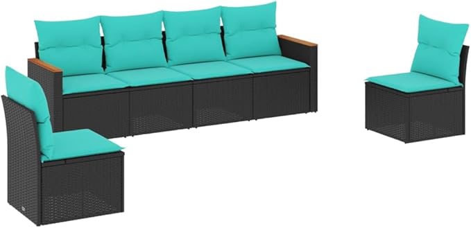 6 Piece Patio Sofa Set with Cushions, Front Porch Furniture Porch Furniture Set Patio Conversation Set Outdoor Dining Sets for Garden Poolside Exhibition Negotiation Area Black Poly Rattan