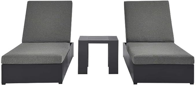 Modway Tahoe Aluminum Outdoor Patio Set of 2 Chaise Side Gray Charcoal, 3-Piece Set of Pool Lounge Chairs and Accent Table for Backyard Furniture