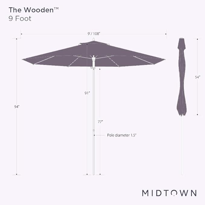 Midtown Umbrellas The Wooden 9 Feet Patio Umbrella With Sunbrella Canvas Natural Acrylic Fabric - Aluminum Frame Market Umbrella For Backyard, Deck, Garden, Pool - Wooden Pole