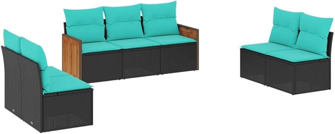 7 Piece Patio Sofa Set with Cushions, Patio Conversation Set Front Porch Furniture Porch Furniture Set Garden Lounge Set for Poolside Negotiation Area Garden Exhibition Black Poly Rattan