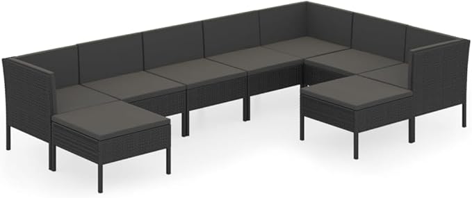 9 Piece Patio Lounge Set with Cushions,Patio Sofa,Outdoor Daybed,Outdoor Furniture Sets,Patio Seating,Patio Conversation Sets,Modern Set,Patio Furniture Set,Front Porch Furniture, Poly Rattan Black
