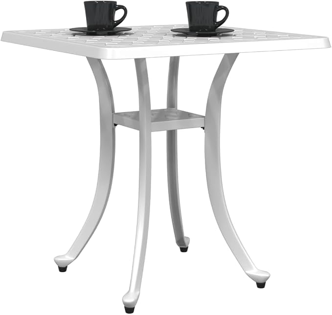 White Cast Aluminum Square Garden Table for Outdoor Patio Balcony, Durable Compact 4-Person Dining Furniture with Fade Resistant Finish