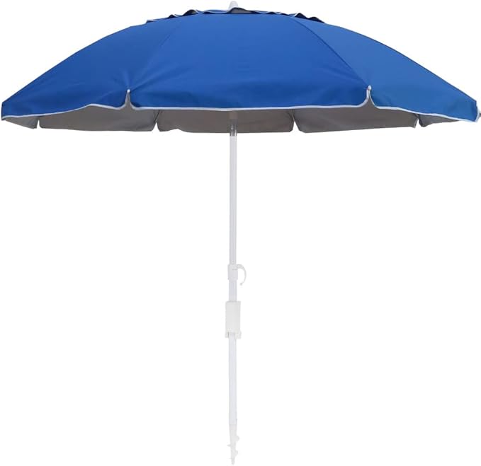7 ft Beach Umbrella with Sand Anchor & Tilt, UV 50+ Protection Outdoor Sunshade Umbrella with Carry Bag,Blue Polyester Fabric with Silver Coating, Blue