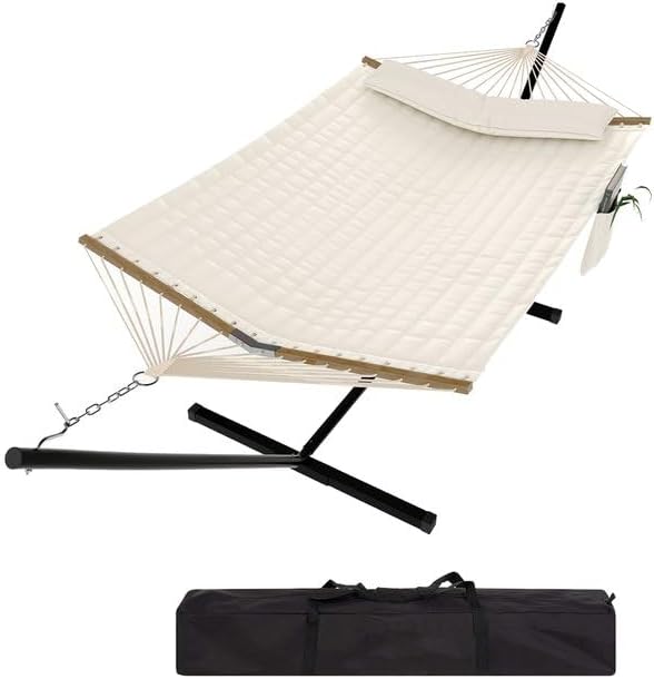 2 Person Hammock with Stand, Portable Outdoor Hammock, Heavy Duty Hammock with Carrying Bag, Soft Pillow, Balance Ropes, White