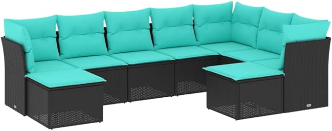 9 Piece Patio Sofa Set with Cushions, Garden Lounge Set Sectional Sofa Patio Conversation Set Outdoor Sofa Sets for Exhibition Piazza Garden Poolside Black Poly Rattan