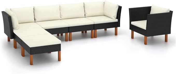 Patio Lounge Set,Patio Furniture Sets,Patio Conversation Sets,Outdoor Furniture Sets,for Garden,Backyard,Outdoor,7 Piece Poly Rattan and Eucalyptus Wood Black