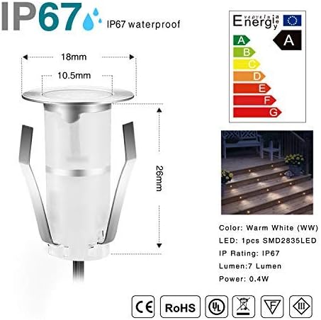 0.7" Tiny Warm White LED Deck Light Kit, Stainless Steel Waterproof Recessed Wood Decking Stairs Garden Yard Patio Decor Lamp Low Voltage Outdoor LED Lighting, Pack of 30