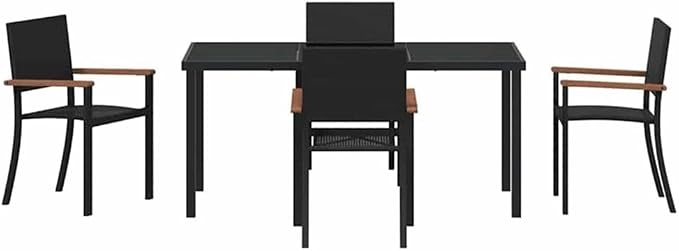 Afuera Living 5 Piece Poly Rattan Garden Dining Set, Black Finish, Powder-Coated Steel Frame with Acacia Wood Armrests, UV Resistant, Includes Seating for 4, Modern Outdoor Patio or Garden Furniture