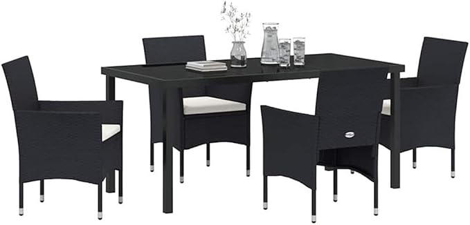 Afuera Living 5 Piece Patio Dining Set, Poly Rattan and Tempered Glass, Black Finish, Weather-Resistant Cushions, Powder-Coated Steel Frame, Modern Style Outdoor Furniture for Garden, Deck, or