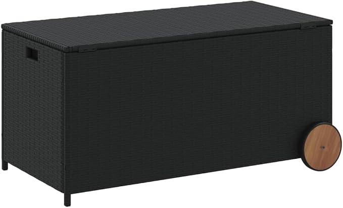 Outdoor Rattan Wicker Garden Storage Box with Wheels, Patio Deck Storage Box, Patio Storage Container for Indoor, Patio Furniture Cushions, Black 50.2 Gal Poly Rattan,-225