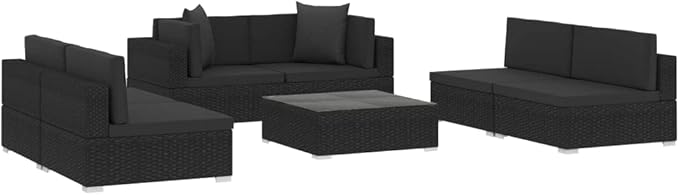 7 Piece Patio Lounge Set with Cushions,Couch Patio Conversation Sets Outdoor Furniture Combination Sofa for The Patio, Deck, Front Porch, Poolside or Balcony Poly Rattan Black