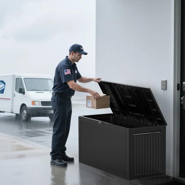 90gal Outdoor Garden Plastic Storage Deck Box Tools Lockable Seat (Black)