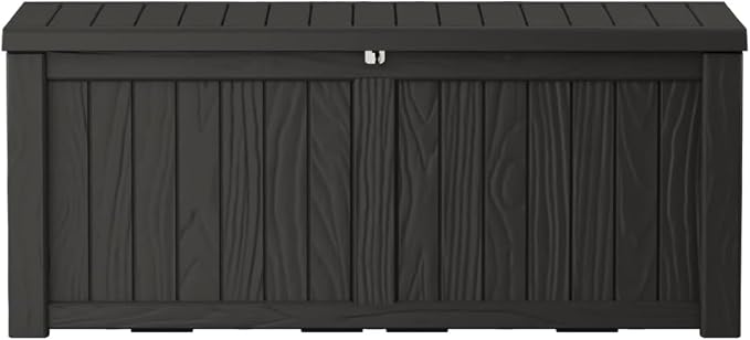 120 Gallon Outdoor Storage Box, Waterproof Resin Deck Container with Lockable Lid, Patio Organizer for Cushions & Garden Tools, Black