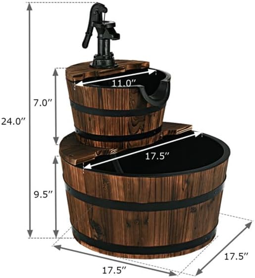 2-Tier Rustic Barrel Water Fountain, Solid Fir Wood Outdoor Fountain with Hand Pump for Patio, Garden, Backyard, Lawn Decoration