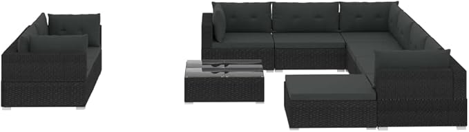 10 Piece Patio Lounge Set with Cushions, Outdoor Dining Sets Patio Conversation Set Outdoor Sofa Sets Sectional Sofa for Piazza Garden Exhibition Poolside Poly Rattan Black