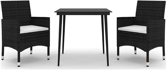 Afuera Living Contemporary PE Rattan Patio Dining Set, Black Powder-Coated Finish, Weather-Resistant Outdoor Furniture with Cushioned Seats, Table and 2 Chairs, Ideal for Garden or Terrace