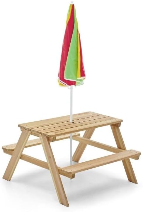 Plum® Wooden Kids Picnic Table - Outdoor Toddler Activity Table and Chair Set with Removable & Adjustable Umbrella, Built-in Bench, Backyard Furniture, Durable, Weatherproof, Easy to Clean, Ages 2+
