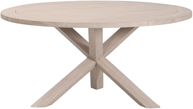 MAKLAINE 63" Round Outdoor Dining Table, Solid Teak Wood, Natural Finish, Slatted Picnic-Style Design, Seats Up to 5, Durable Multi-Step Finish, Spacious Patio Use