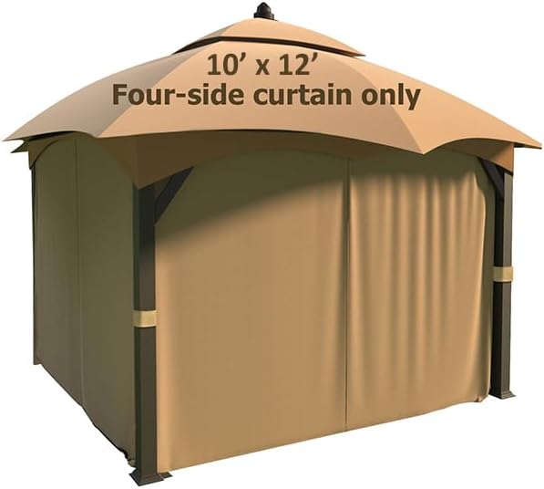 Upgraded 10’x12’ 4-Side Wall Gazebo Privacy Curtains with Zipper for Lowe's Allen Roth #GF-12S004B-1 / GF-12S004BTO / TPGAZ17-002, 4-Panels Curtains Replacement for 10-ft x 12-ft Gazebo (Khaki)
