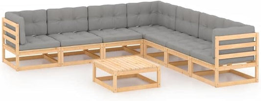 vidaXL Patio Furniture Set 8 Piece, Garden Sofa Set with Cushions, Outdoor Sectional Sofa Conversation Set with Coffee Table, Solid Wood Pine