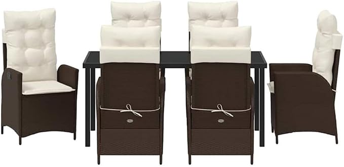 Afuera Living 7 Piece Poly Rattan Garden Dining Set, Black Finish, Cushioned Seats, Glass Tabletop, UV-Resistant Woven Texture, Steel Frame, Ergonomic Design, Ideal for Patio, Porch, Backyard Dining