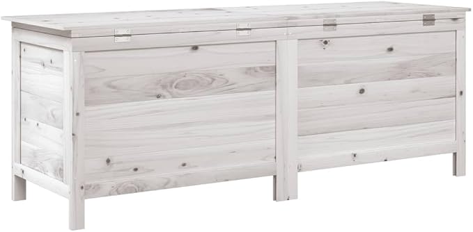White Fir Wood Patio Storage Box 59.1"x19.7"x22.2" Outdoor Deck Box with Slatted Ventilation for Pool Toys Gardening Tools and Furniture Cushions