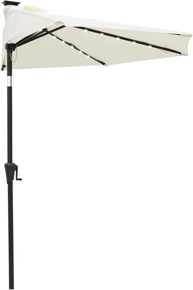 Helios&Hestia 9 ft Small Half Round Solar Powered Wall Outdoor Market Patio Umbrella with LED Lights and Tilt for Garden, Deck, Balcony