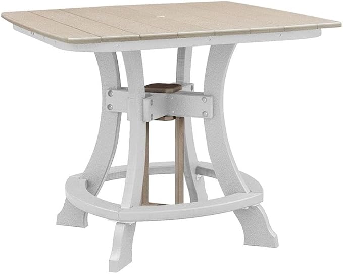 Pemberly Row Coastal Five Piece Square Counter Height Dining Set, Resin Construction, Weatherwood and White Finish, Durable Fan Back Swivel Chairs with Foot Rest, 44 in Table for Patio or Outdoor Use