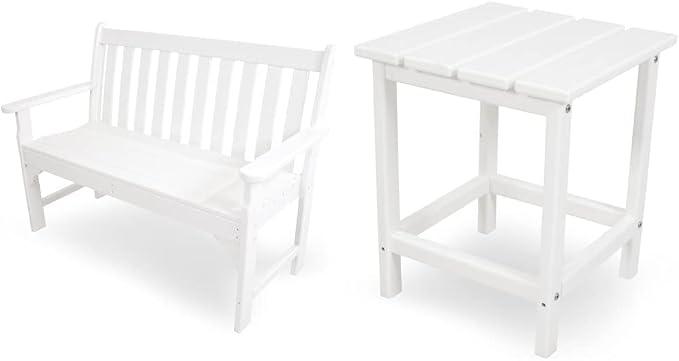 POLYWOOD GNB48WH Vineyard 48" Bench, White & ECT18WH Long Island 18" Side Table, White