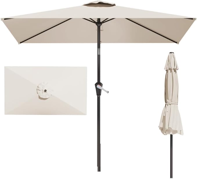 6.5' x 10' Rectangular Patio Umbrella Large Outdoor Market Umbrella w/ UV Protection, Push Button Tilt and Crank Lift, Rectangle Table Umbrella for Garden, Deck, Pool, Patio, Creamy White