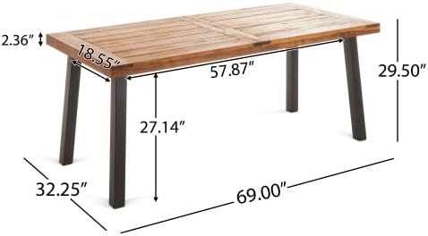 Acacia Wood Dining Set - Teak Finish Table + 6 Chairs with Cream Cushions, Rustic Metal Legs, for Outdoor Patio, Garden, Poolside, Indoor Use - Set of 7, Modern Coastal Style (Style4)