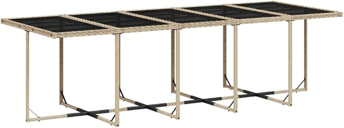15-Piece Patio Dining Set with Cushions Beige Poly Rattan Outdoor Furniture Set Tempered Glass Table Foldable Chairs for Backyard Garden Balcony Porch