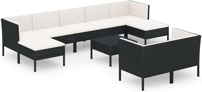 10 Piece Patio Lounge Set with Cushions,Patio Sofa,Outdoor Daybed,Patio Seating,Outdoor Furniture Sets,Patio Conversation Sets,Modern Set,Outdoor Patio Chairs,Patio Furniture Set, Poly Rattan Black