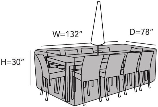 Covermates Ultima Outdoor Rectangular Dining Table & Chair Cover with Umbrella Hole – All-Weather Water-Resistant Rip-Resistant Polyester, Drawcord & Buckle Straps, 132W x 78D x 30H, Ripstop Grey
