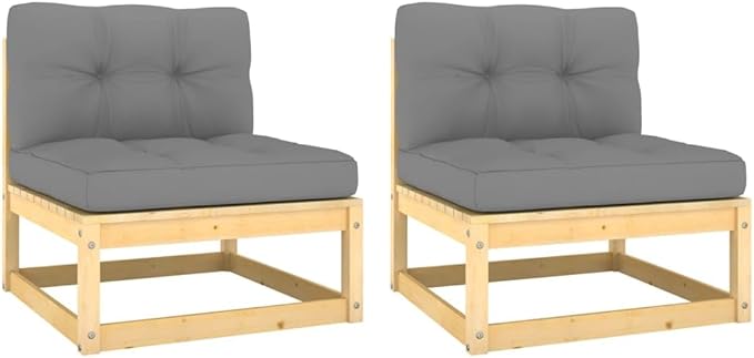 Patio Middle Sofas with Gray Cushions 2 pcs Solid Wood Pine, Outdoor Patio Sectional, Outdoor Sofa Set, Furniture Conversation Sets, Outdoor Porch Furniture for Balcony, Yard