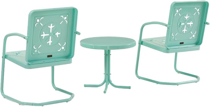 Crosley Furniture Azalea 3-Piece Vintage Outdoor Chair and Side Table Set, Retro Metal Patio Conversation Sets, Aqua Gloss