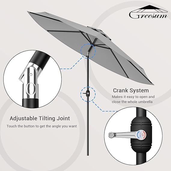 Greesum 9FT Patio Umbrella, Outdoor Table Umbrella with Push Button Tilt, Crank and 8 Sturdy Ribs for Garden, Lawn, Backyard & Pool, Without Base, Gray