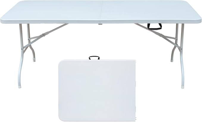 6ft Plastic Folding Table Portable Heavy Duty White Dining Table Fold-in-Half for Camp Party Kitchen Indoor Outdoor