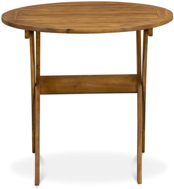 Pemberly Row Outdoor Folding Patio Dining Set, Acacia Wood, Natural Oil Finish, Round Table and 2 Chairs, Compact Space-Saving Design, Slatted Chair Backs, Easy-to-Clean for Balcony or Small Patio Use