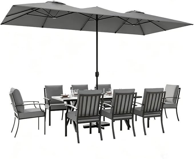 ALAULM 9-Piece Patio Dining Set with 14FT Patio Umbrella,Outdoor Dining Set with 8 Metal Chairs & Rectangle Table with1.5 Umbrella Hole, Patio Dining Table and Chairs for Backyard,Poolsid-Grey