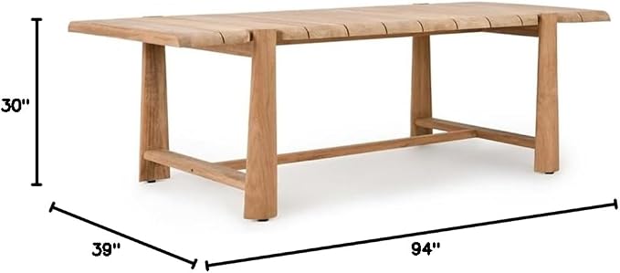 Pemberly Row 94" Teak Wood Outdoor Dining Table, Natural Matte Finish, Seats 8, Plank-Style Top, Durable Patio Furniture for Outdoor Gatherings, 94Wx39Dx30H, Plastic Floor Protectors