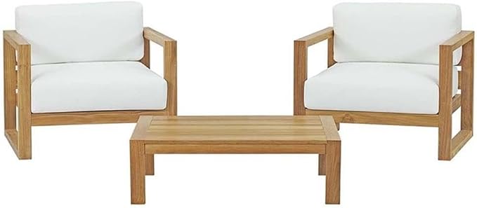 Pemberly Row 3-Piece Teak Wood Patio Set, Natural and White Finish, Includes Coffee Table and 2 Armchairs, Solid Teak Construction, Water-Resistant Cushions, Modern Outdoor Furniture for Garden or