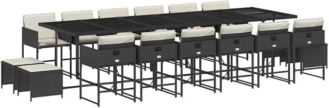 17-Piece Outdoor Dining Set, 16-Seater Poly Rattan Garden Patio Furniture with Cushions, Foldable Chairs and Stools for Backyard Family Gatherings, Black and Cream