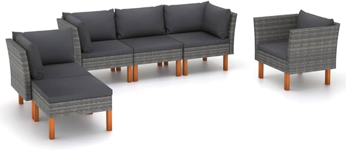6 Piece Patio Lounge Set,Patio Sofa,Outdoor Daybed,Outdoor Couch,Patio Seating,Patio Conversation Sets,Outdoor Furniture Sets,for Backyard,Garden,Deck, Poly Rattan and Eucalyptus Wood Gray