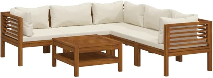 6 Piece Patio Lounge Set, Outdoor Dining Sets Patio Conversation Set Garden Lounge Set Sectional Sofa for Exhibition Poolside Piazza Negotiation Area with Cream Cushion Solid Acacia Wood